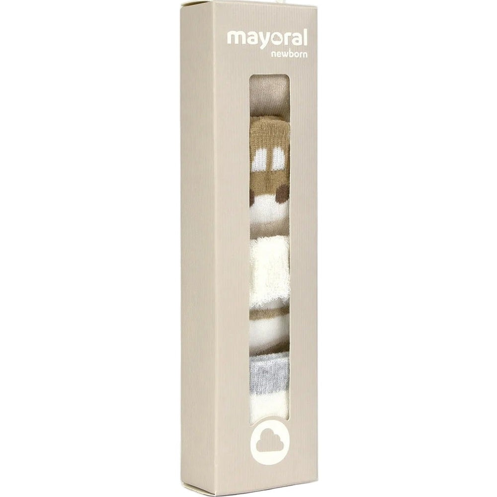 Mayoral newborn 4-pack socks in beige box; includes 4 pairs in brown, white, and gray.