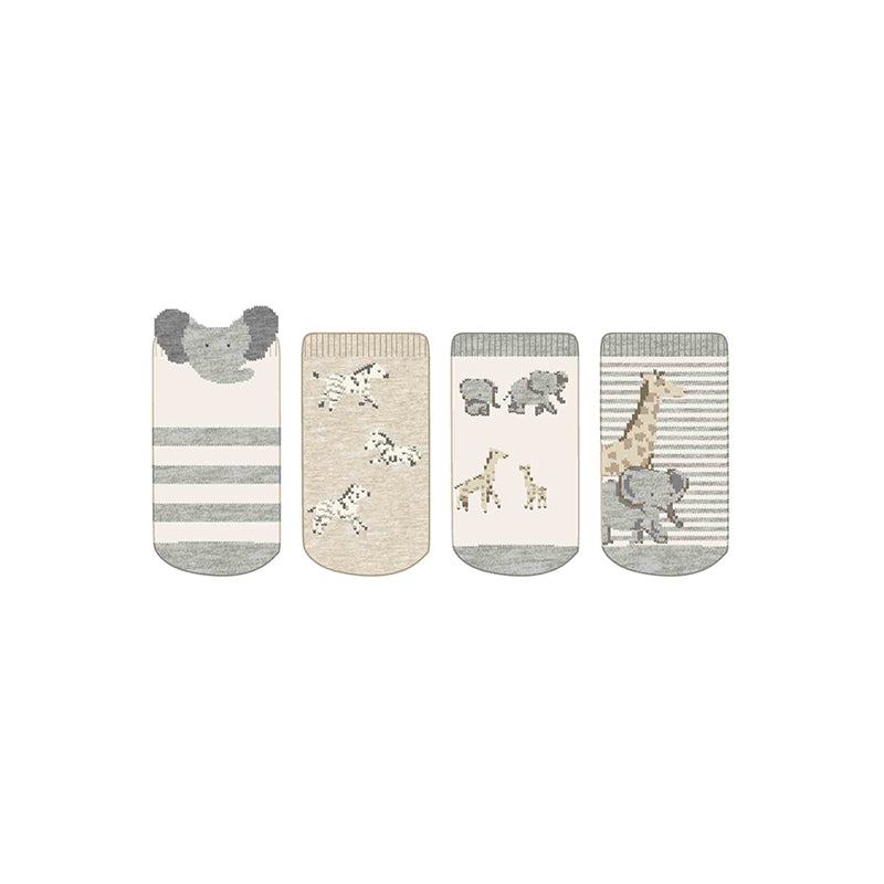 Mayoral newborn 4-pack socks in oat beige with gray stripes and animal motifs