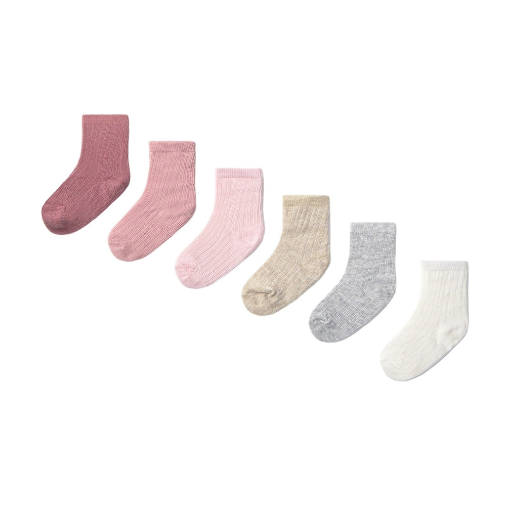 Mayoral newborn baby socks six-pack in pinks and beige; soft cotton blend
