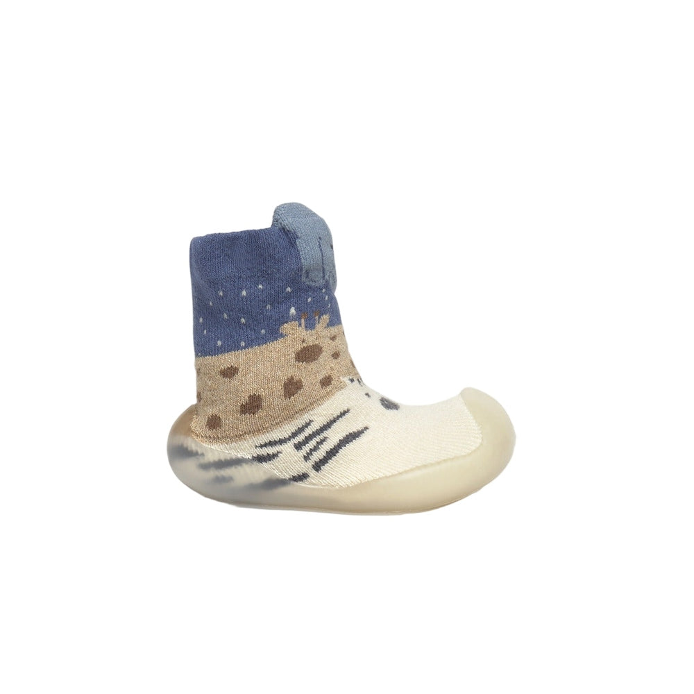 Mayoral Newborn Baby Slipper Socks in blue-beige knit with a star pattern and cream non-slip sole, displayed on white background.