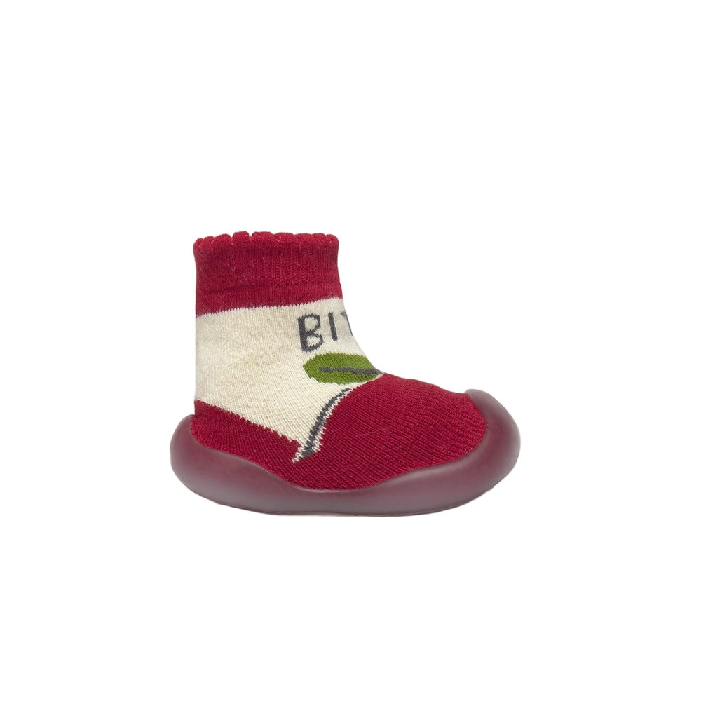 Mayoral Newborn Baby Slipper Socks in red and cream, knit with soft sole, shown as a single cozy baby bootie.