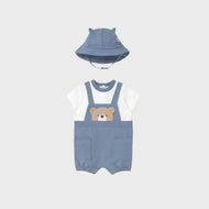 Mayoral Newborn Bear Print Simulated Dungaree Romper With Hat Riviera