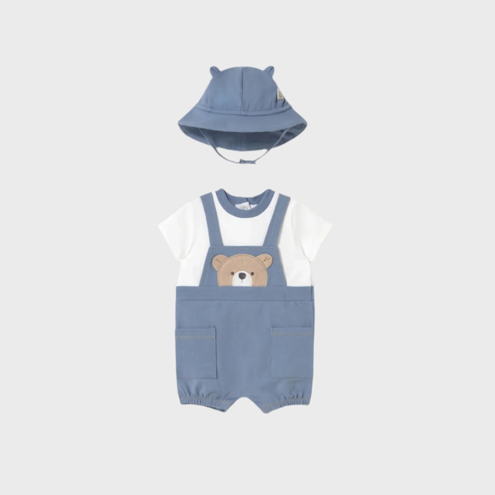 Mayoral Newborn Bear Print Simulated Dungaree Romper With Hat Riviera