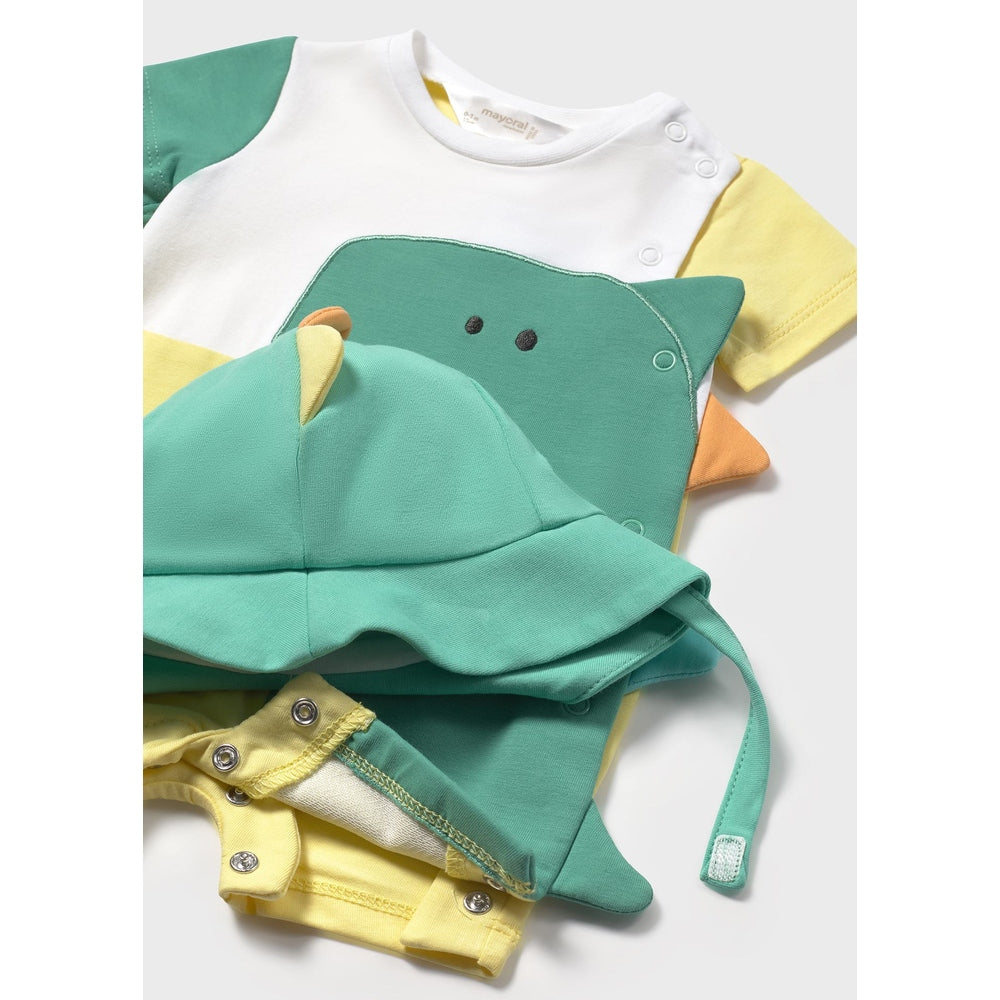 MAYORAL Newborn Dinosaur Romper With Hat Loro set in mint green, yellow and white, snaps along leg openings.