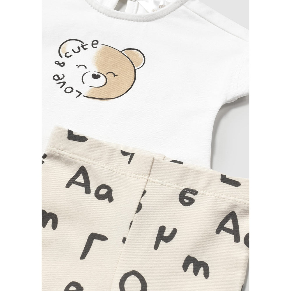 Mayoral newborn Leggings And T-Shirt Set Pottery: white bear-print tee paired with beige alphabet leggings, two-piece outfit.