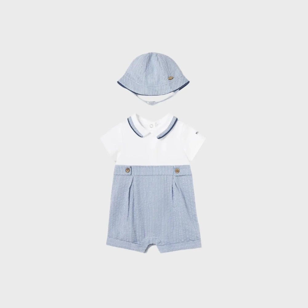 Mayoral Newborn Romper With Hat Seersucker set in blue and white, laid flat to show the matching hat and polo-style top.
