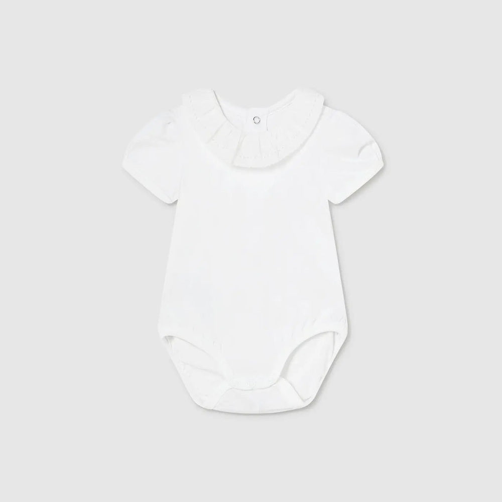 Mayoral Newborn Ruffled Bodysuit White, featuring a delicate gathered collar and bottom snap closures.
