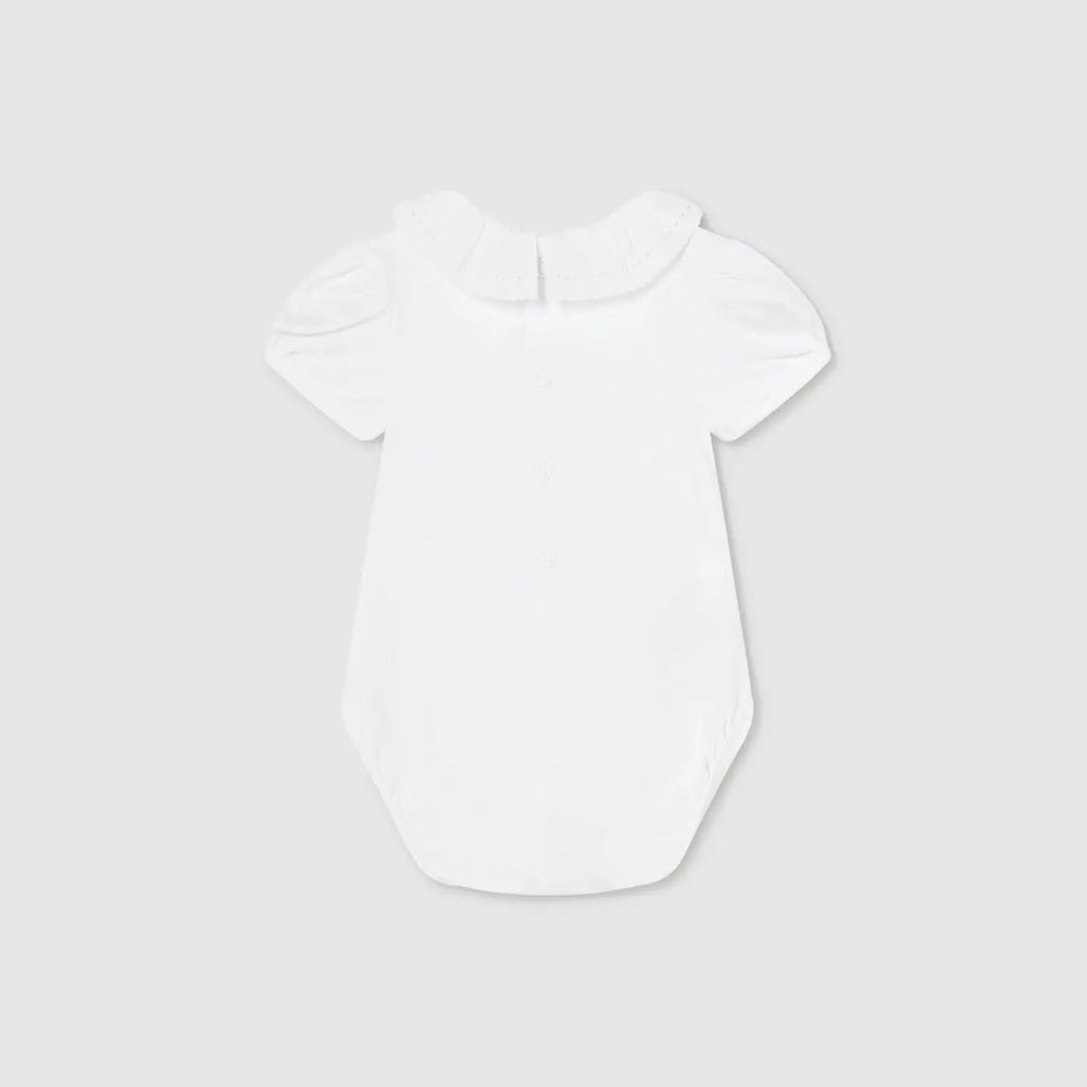 Mayoral Newborn Ruffled Bodysuit White, front-buttoned with puff sleeves and ruffled collar