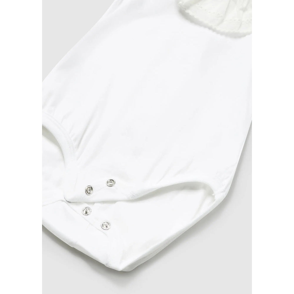 Mayoral Newborn Ruffled Bodysuit White, showing metal snap closures along the bottom for easy changes.