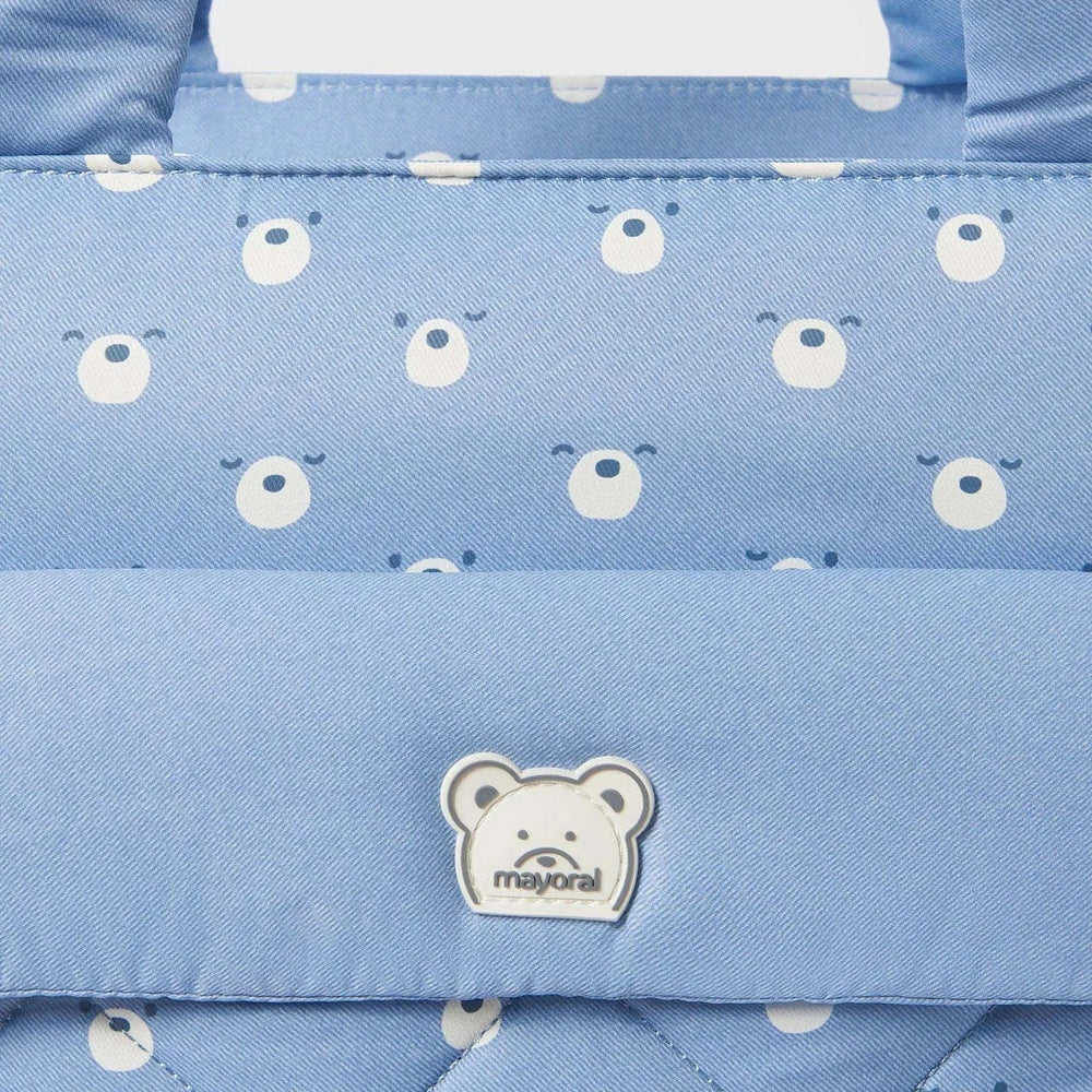 Mayoral Padded Bag With Accessories in light blue bear-face print, quilted panels, with top handles and brand badge.