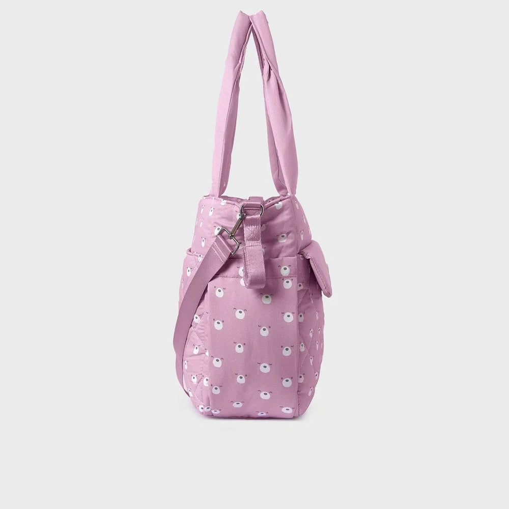 Mayoral Padded Bag With Accessories, pink diaper bag with white polka dots and detachable strap.