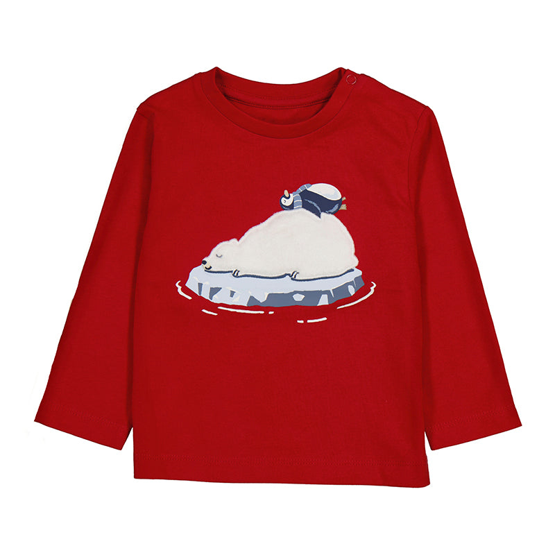 MAYORAL red baby long-sleeve shirt featuring a polar bear and penguin on ice graphic
