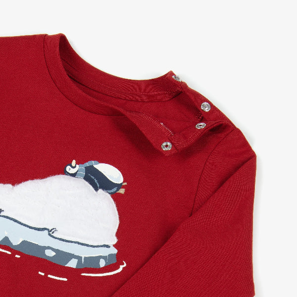 Mayoral red baby shirt with polar bear and penguin graphic and shoulder snaps