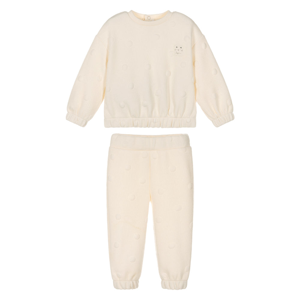 Mayoral polka dot padded tracksuit in macchiato cream for babies, matching knit top and pants.