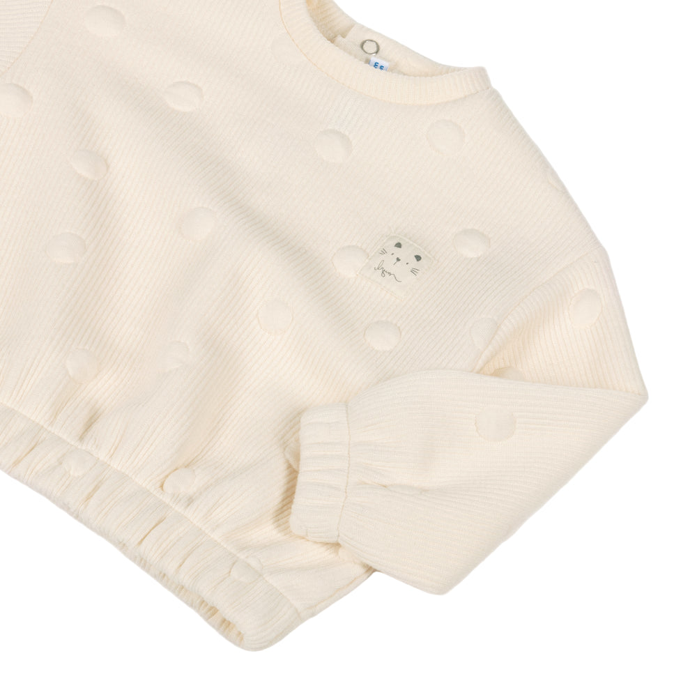 Mayoral macchiato cream padded tracksuit top with polka dots, ribbed cuffs, small cat patch