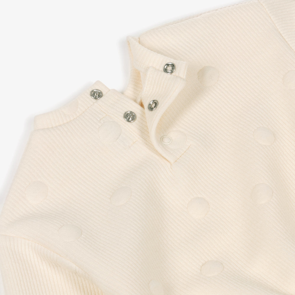 Mayoral macchiato polka-dot padded baby tracksuit top in ivory knit with snaps