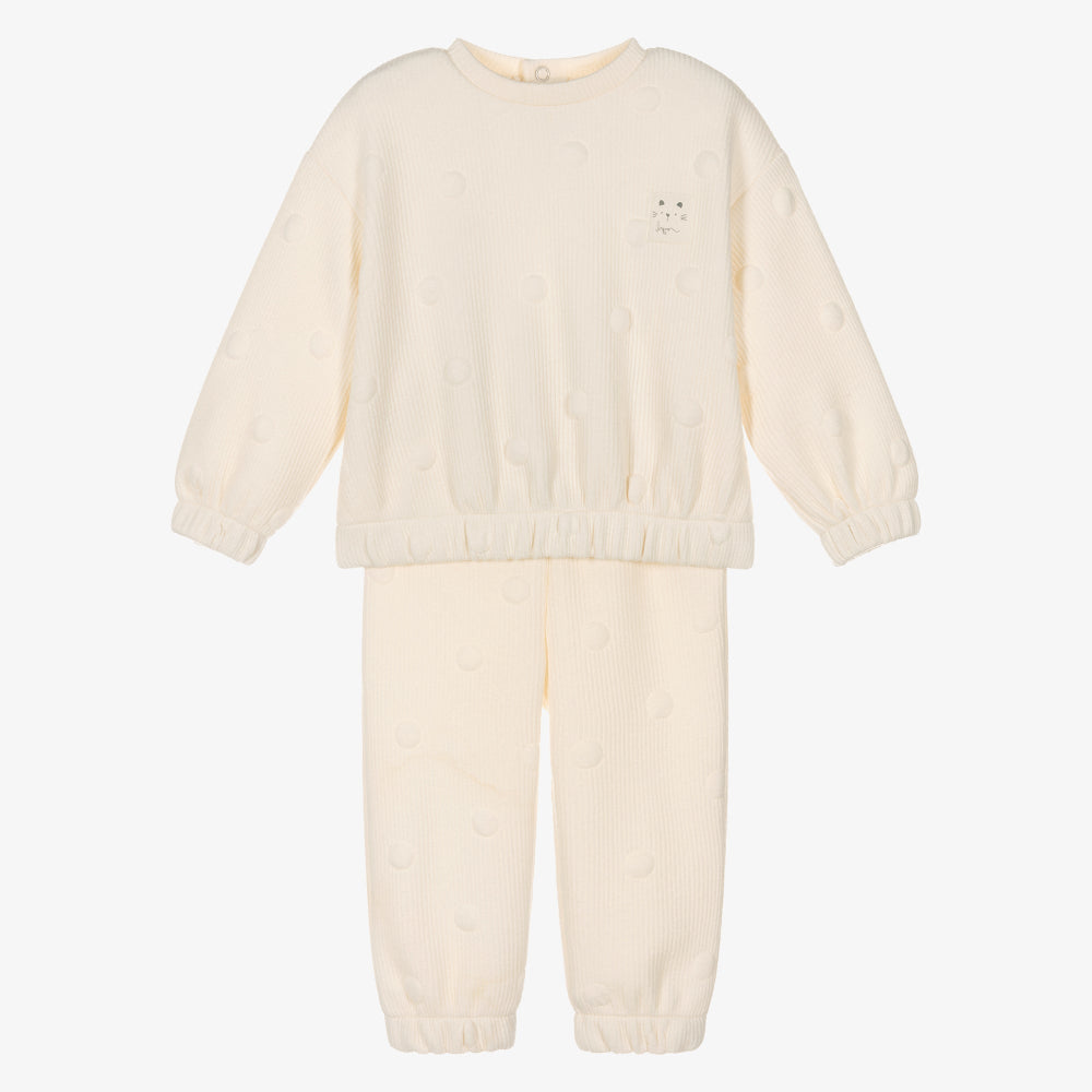 MAYORAL baby padded tracksuit set in macchiato; ribbed knit with allover polka dots