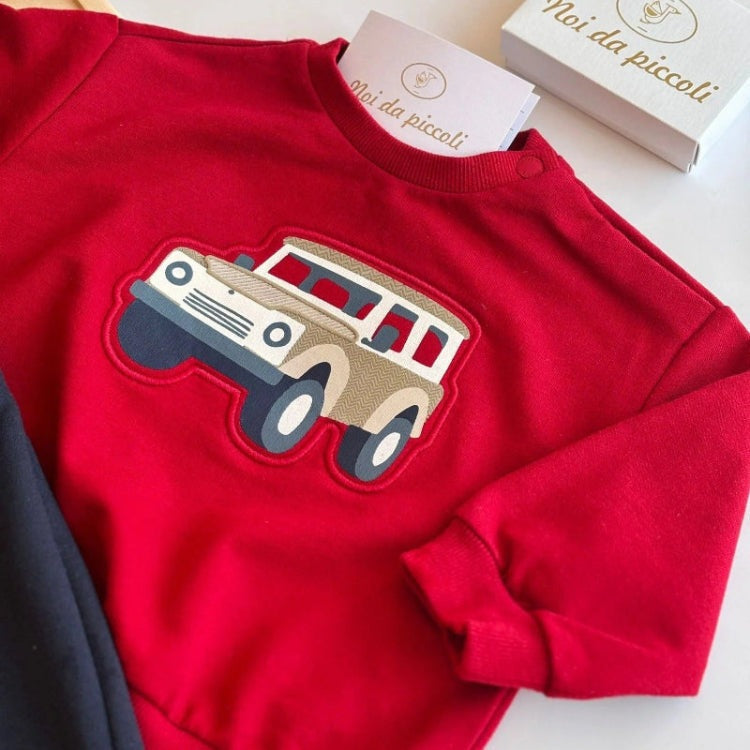 Mayoral red toddler pullover with appliqué toy truck embroidery
