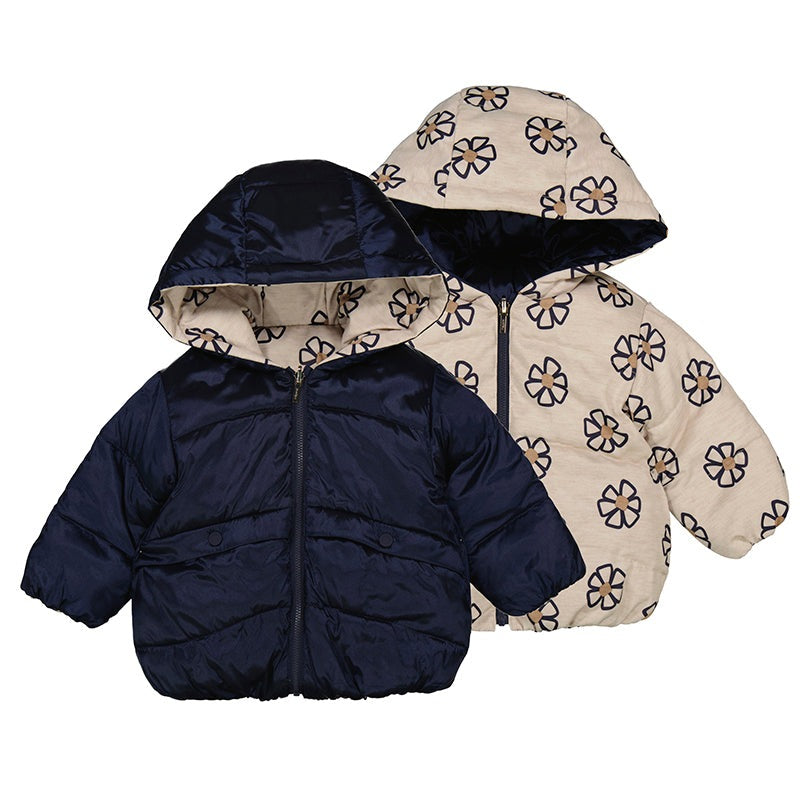 Mayoral reversible toddler coat navy; navy puffer with hood on one side, cream floral on the reverse.