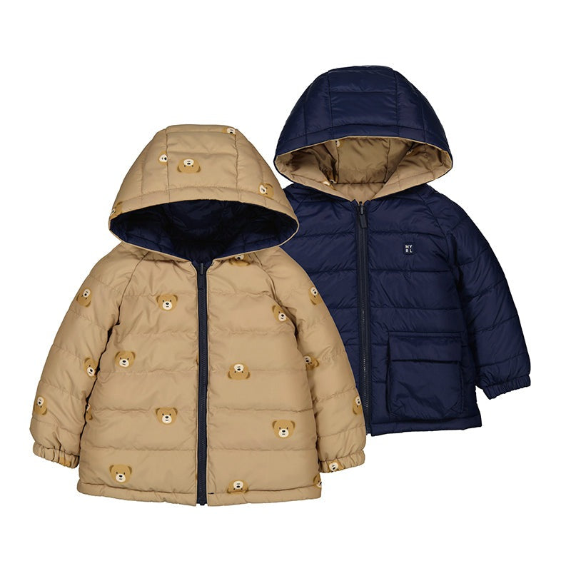 Mayoral reversible toddler puffer coats set of 2 in beige bear-print and navy blue.