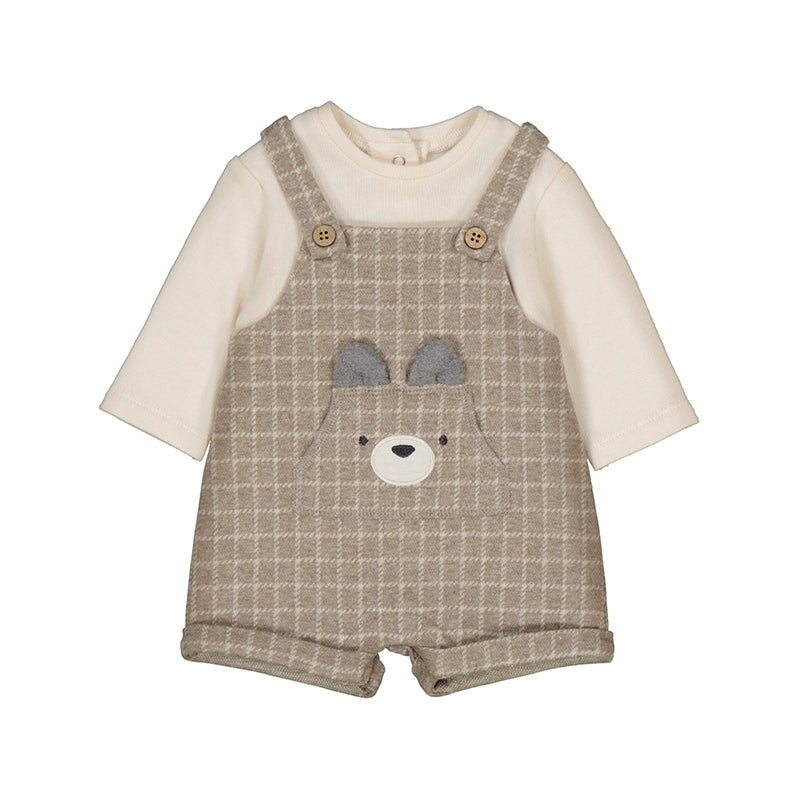 MAYORAL Short Soft Dungaree Sesame over a cream top; beige plaid romper with bear face and wooden button straps.