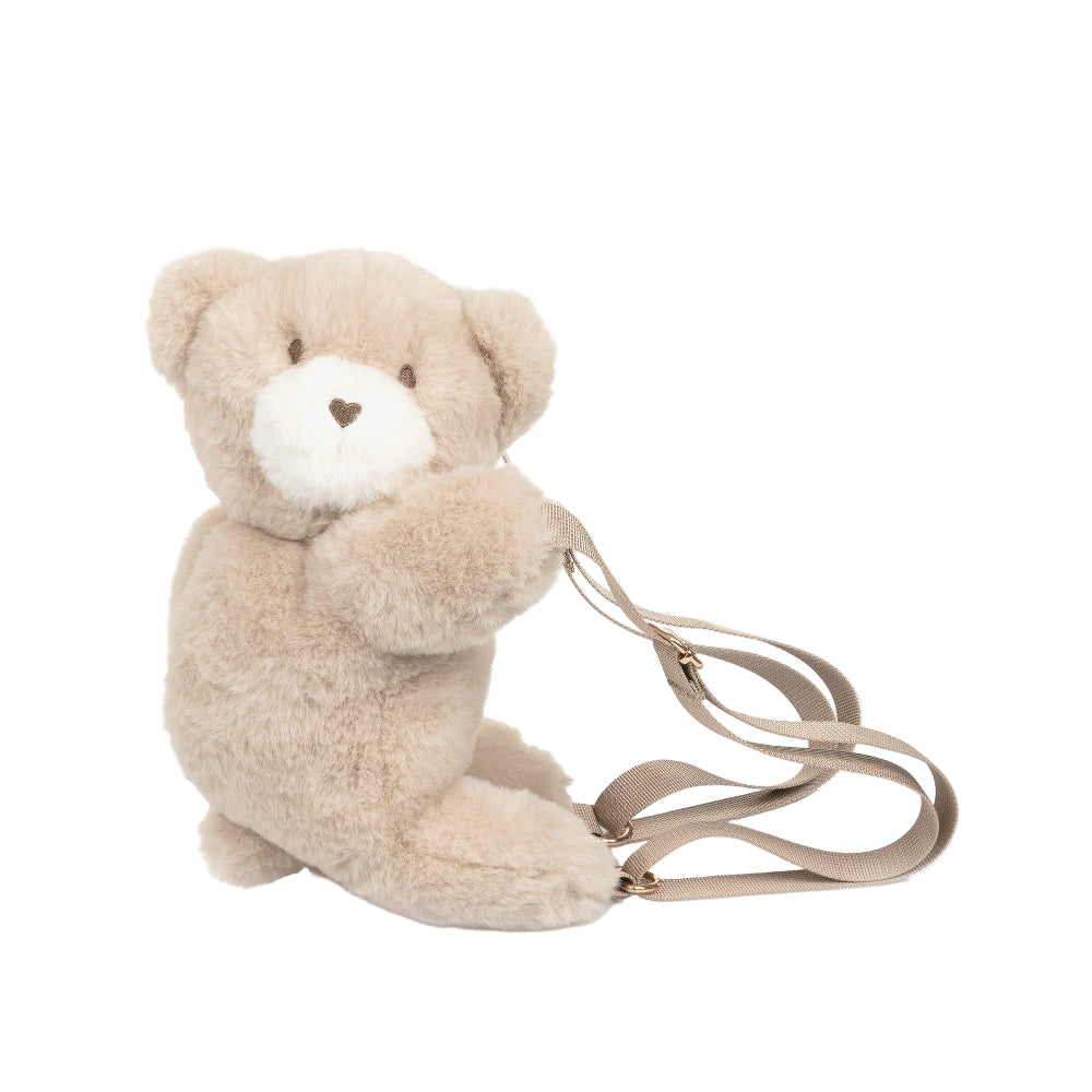 Mayoral Teddy Bear Backpack, beige plush bear with adjustable straps hanging as if ready to wear.
