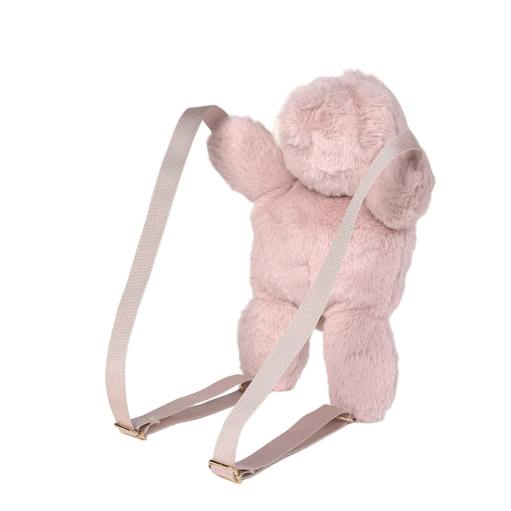 MAYORAL Teddy Bear Backpack in soft pink plush with beige adjustable straps, shown from back.