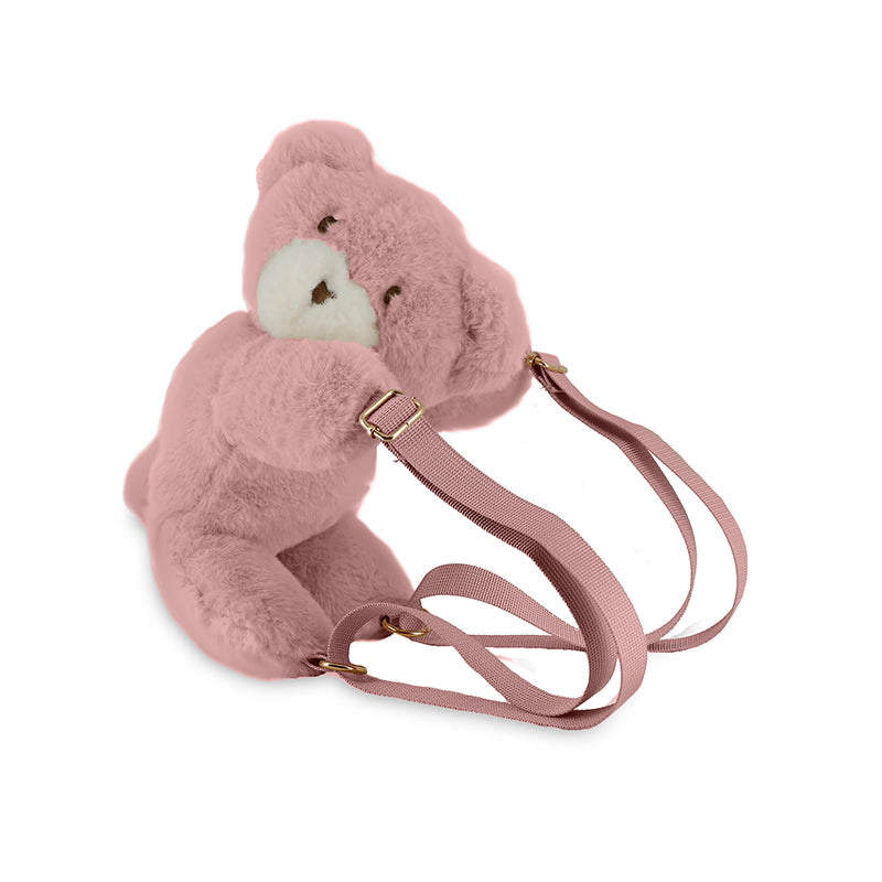 Mayoral Teddy Bear Backpack, pink plush bear with adjustable straps and gold hardware.