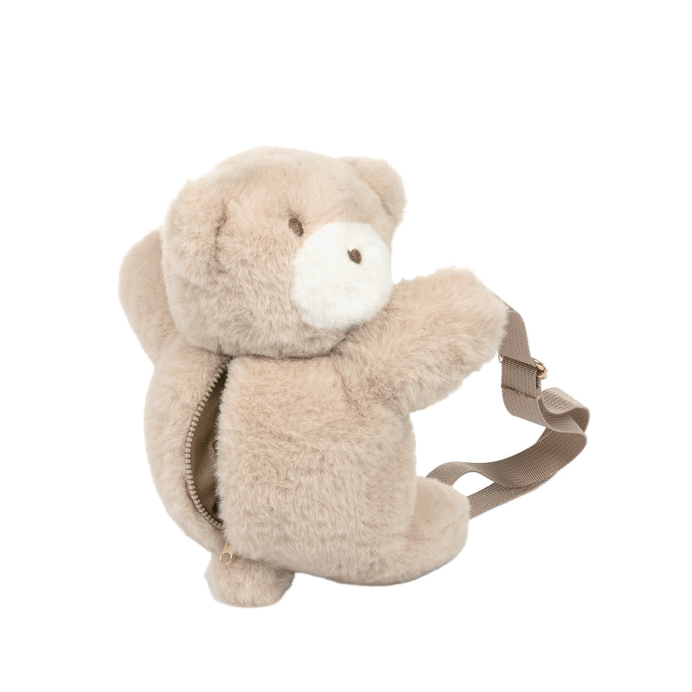 Mayoral Teddy Bear Backpack in beige plush, zipper along back opened to reveal interior, with brown adjustable strap