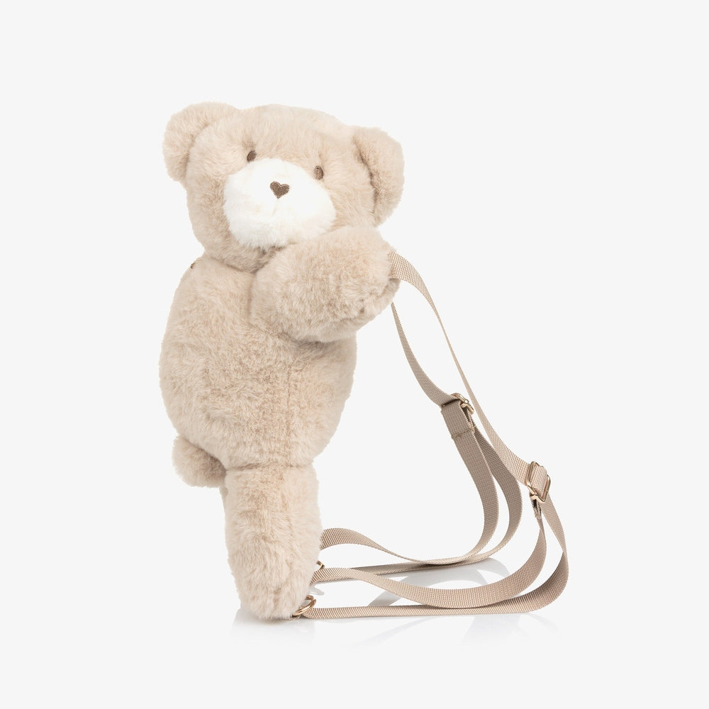 Mayoral Teddy Bear Backpack, beige plush bear with tan straps shown ready to wear as a backpack