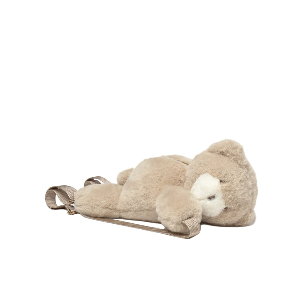 MAYORAL Teddy Bear Backpack in beige plush, a sleeping bear with adjustable straps visible.