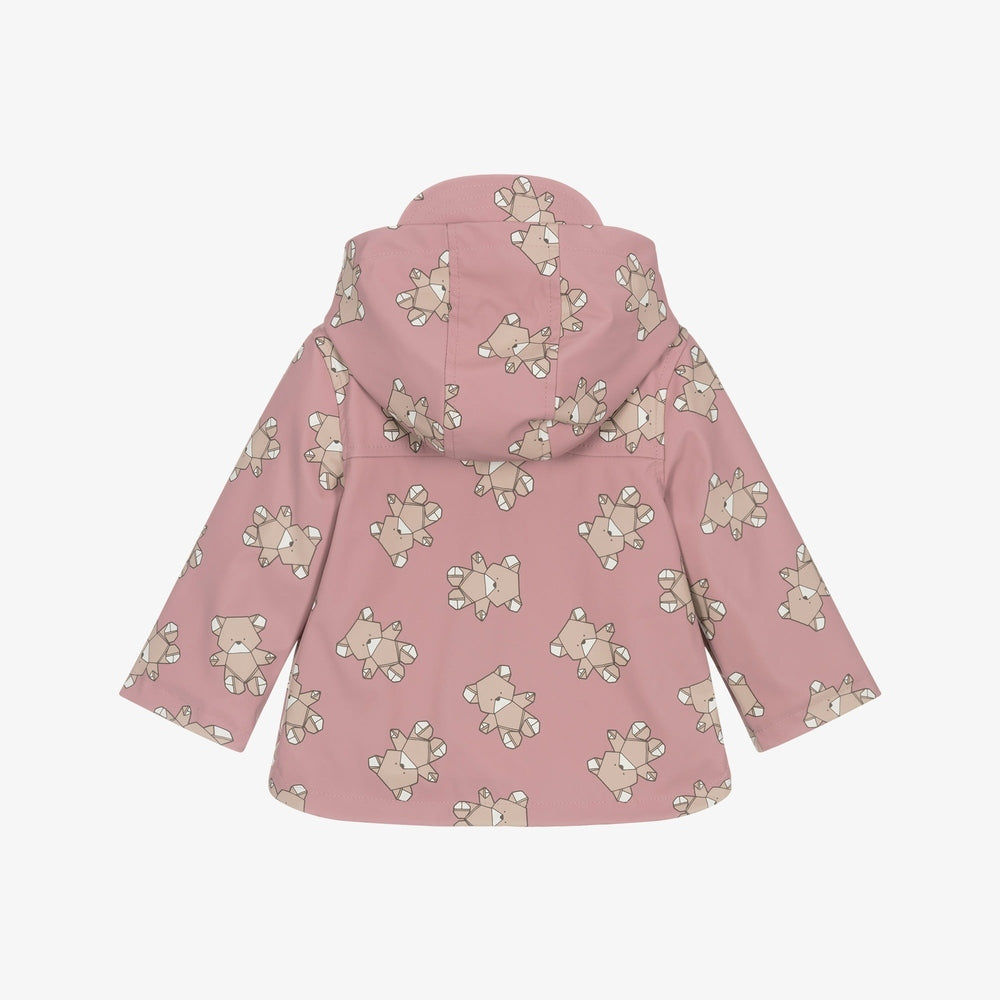Mayoral Teddy Bear Raincoat pink, hooded toddler coat with beige bear print