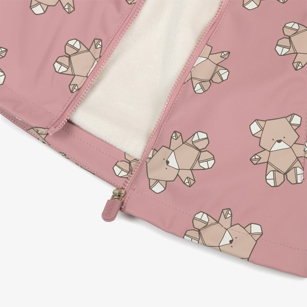 Mayoral teddy bear raincoat in pink with beige prints, zip closure, soft white fleece lining