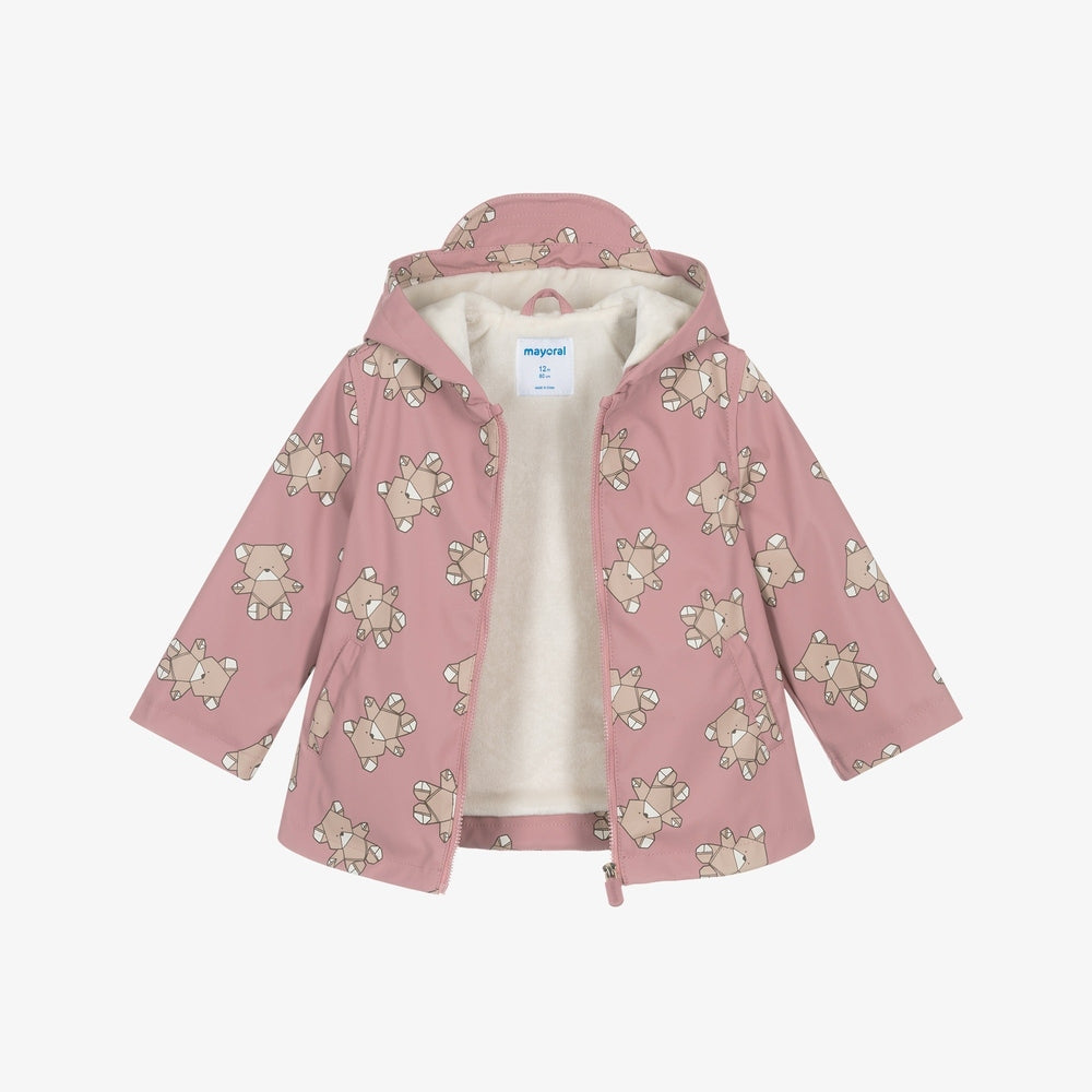 Mayoral teddy bear raincoat pink with hood, beige teddy pattern, fleece lining, front zipper