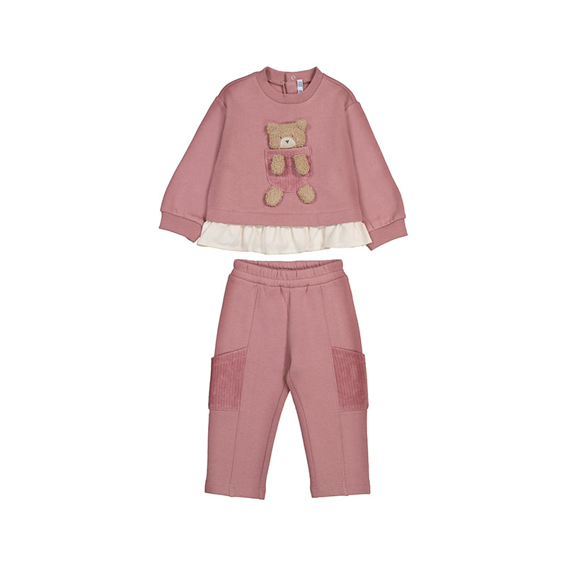 MAYORAL teddy bear tracksuit in orchid pink with cream ruffle hem top and matching pants