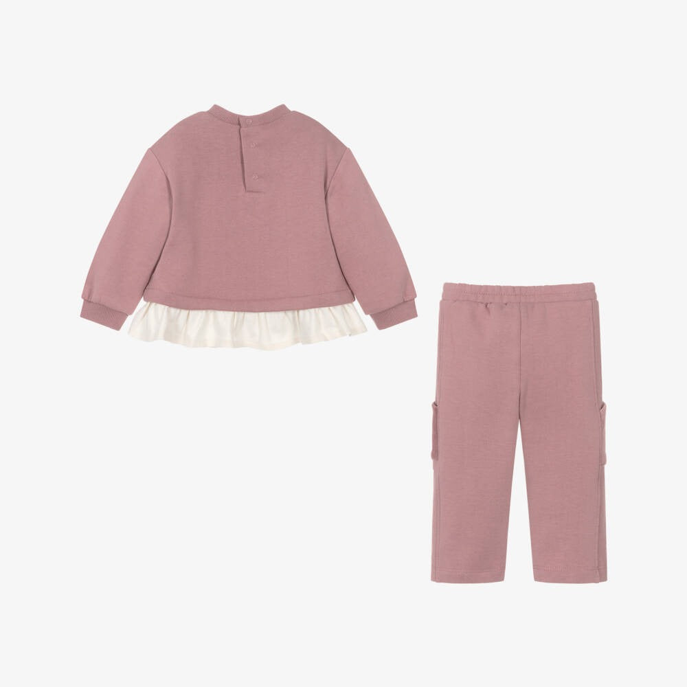 Mayoral teddy bear tracksuit orchid two-piece set; pink sweatshirt with cream ruffle hem and matching pants