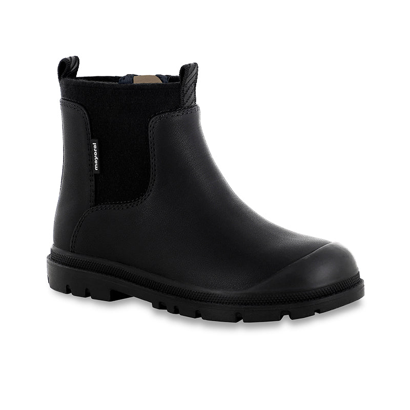 Mayoral Track Bootie Black toddler ankle boot with elastic panels and pull tabs, rugged sole.
