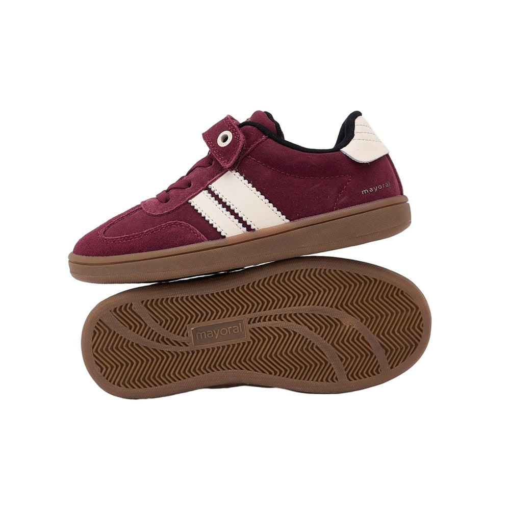 Mayoral Trainers Bordeaux toddlers sneakers, burgundy suede with white stripes and gum sole, pair shown.