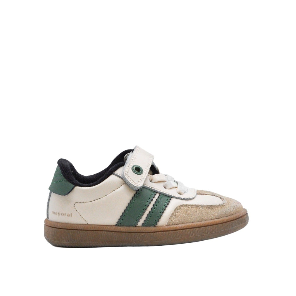 Mayoral Trainers Natural toddler shoes in white with green stripes, suede toe, Velcro strap, brown sole.