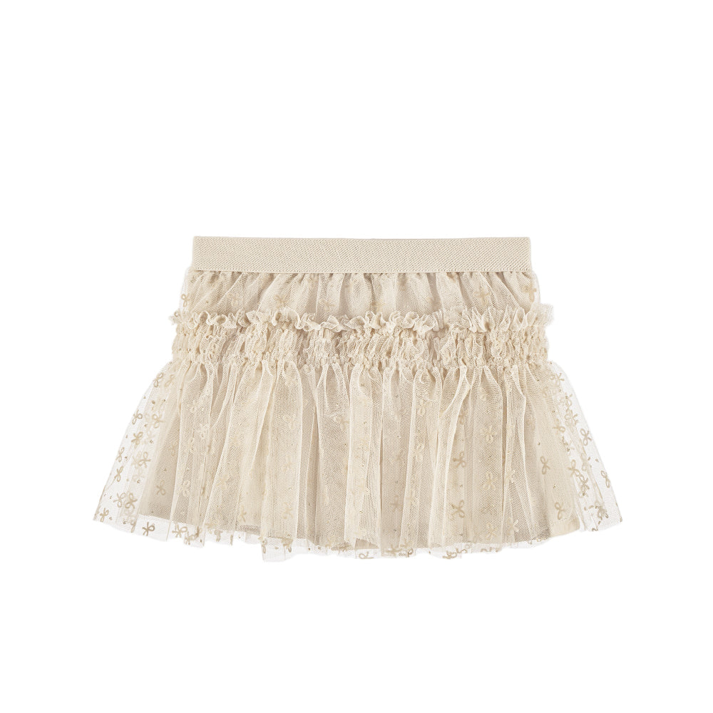 Mayoral almond tulle skirt for babies, elastic waistband with layered sheer netting and bow motifs