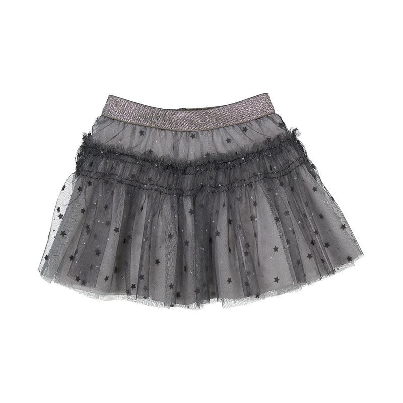 MAYORAL toddler tulle skirt in gray with black star pattern and glitter waistband