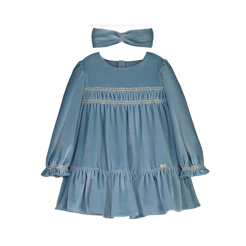 MAYORAL velvet dress set Blue Bell with headband; baby girl dress in blue velvet with long sleeves and ruffled hem