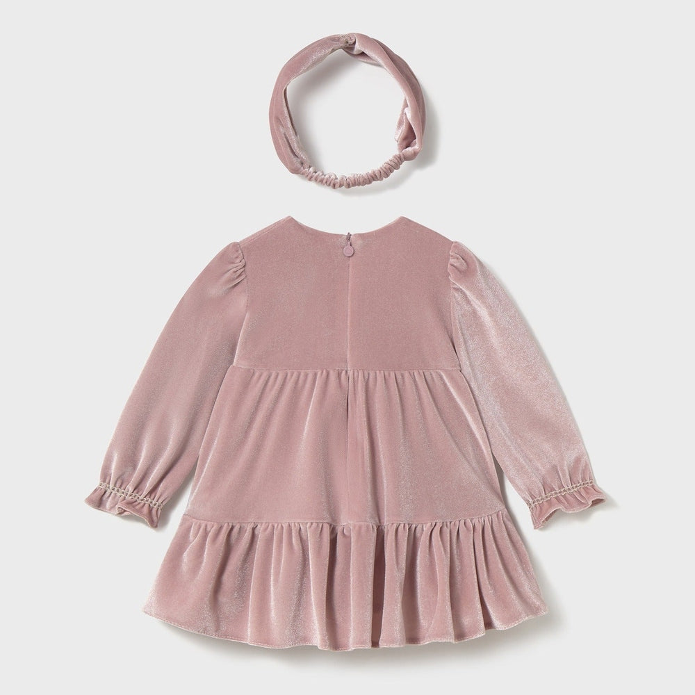 Mayoral Velvet Dress Set Crystal: pink toddler dress with puff sleeves and tiered ruffle hem, shown with matching headband.
