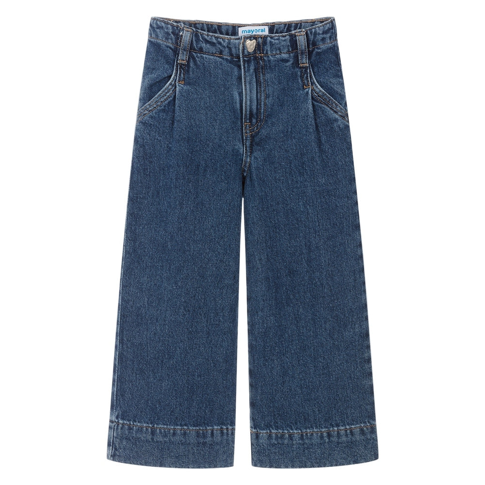 Mayoral Wide Leg Denim Pants in blue denim laid flat, showing front pockets and wide-leg silhouette.