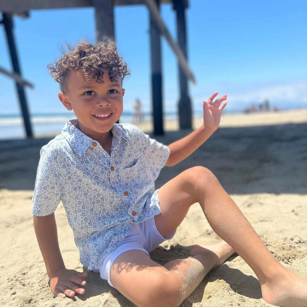 Me & Henry Newport blue floral woven shirt for kids with brown buttons and light blue pattern