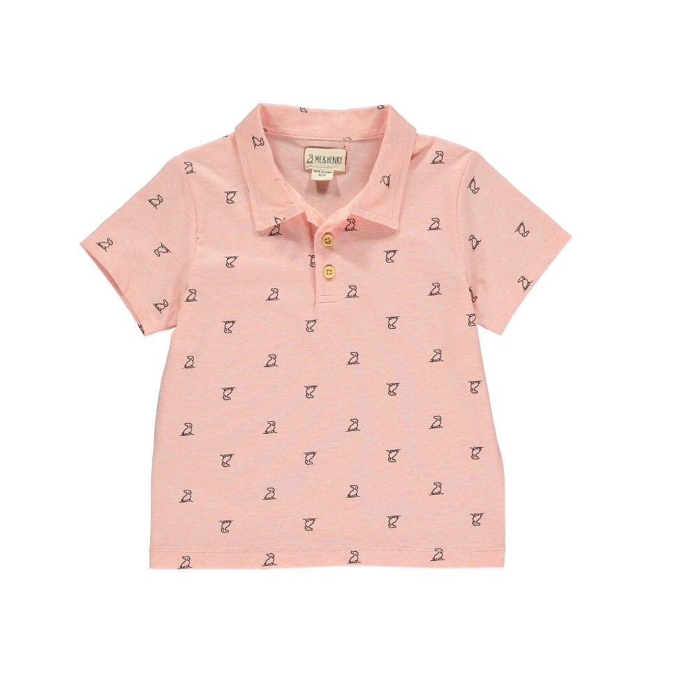 Me & Henry Polreath Henry Print Polo Shirt in peach with tiny navy motifs