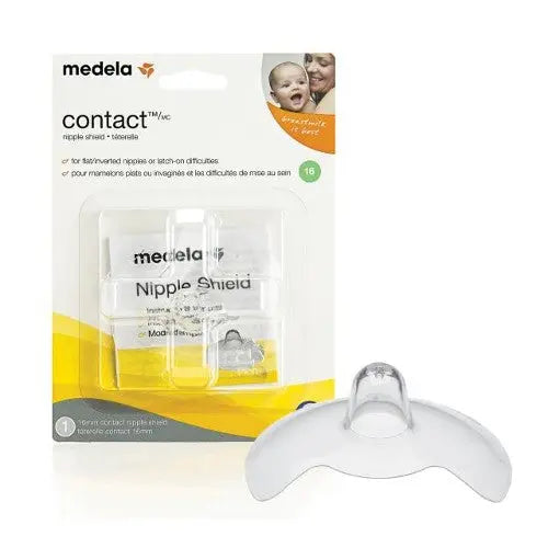 Medela Contact Nipple Shield in clear silicone, packaging shows the shield resting beside the box.