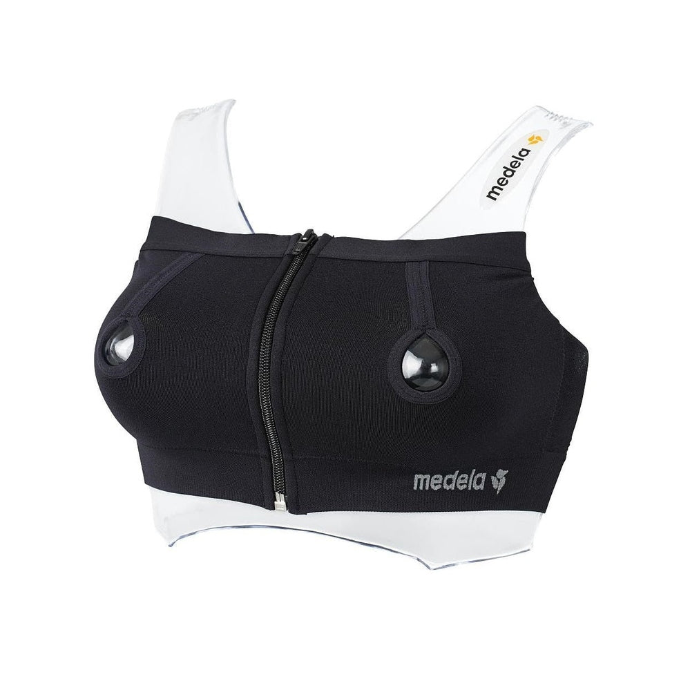 Medela Easy Expression Bustier black nursing bra with front zipper and circular flange openings