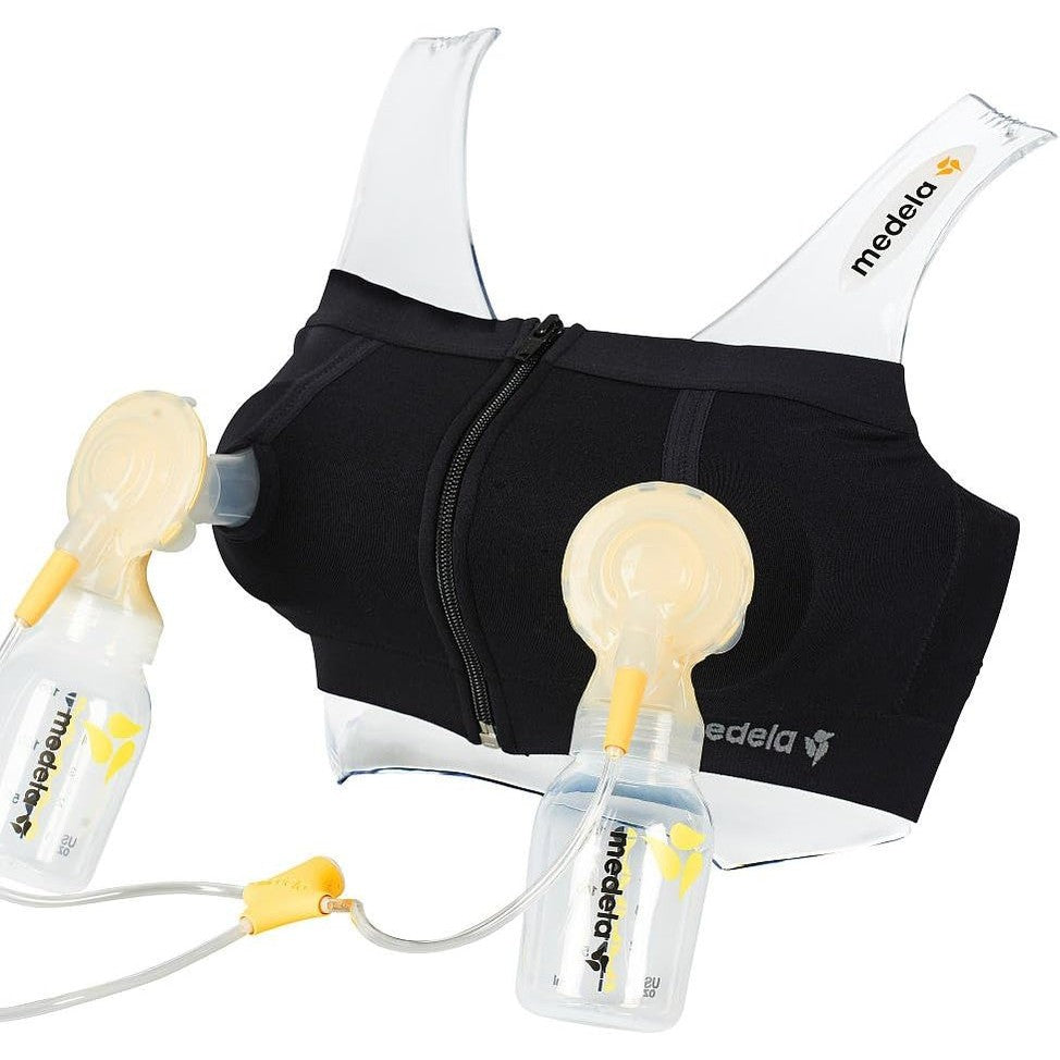 Medela Easy Expression Bustier Black nursing bra with dual pump flanges and tubing