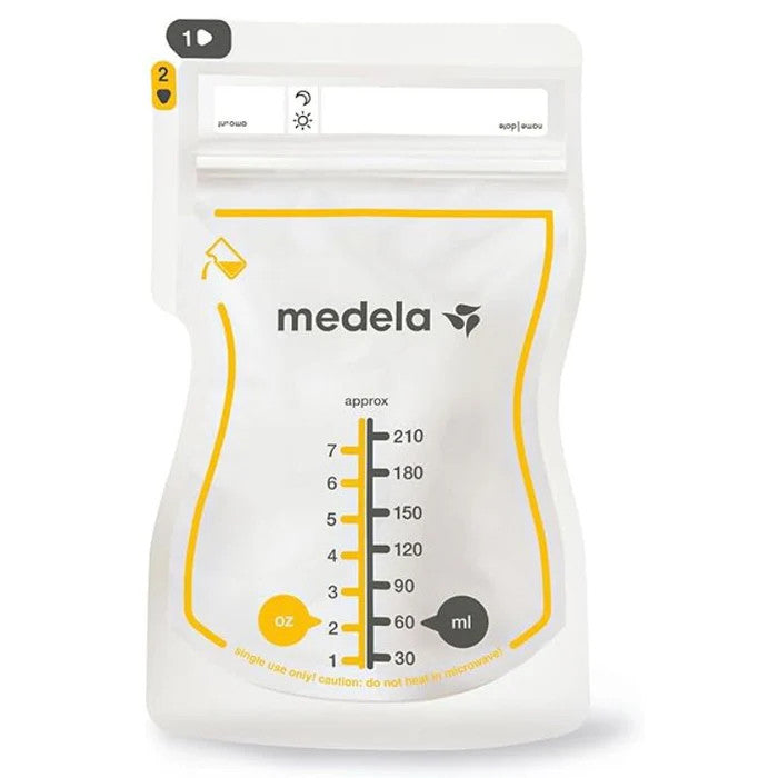 Medela Easy Pour breast milk storage bags, 50-pack, white with yellow accents